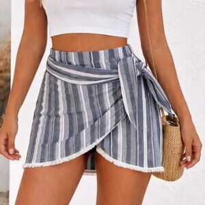 Showpo Gray Striped Mini Wrap Skirt Size 6 Tie Waist